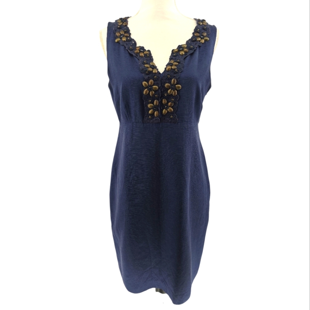 Boden Limited Collection Silk Blend Dress Size 8 Embellished Neckline Navy Shift